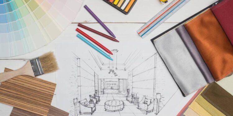 Various interior design materials are scattered on a white wooden surface.