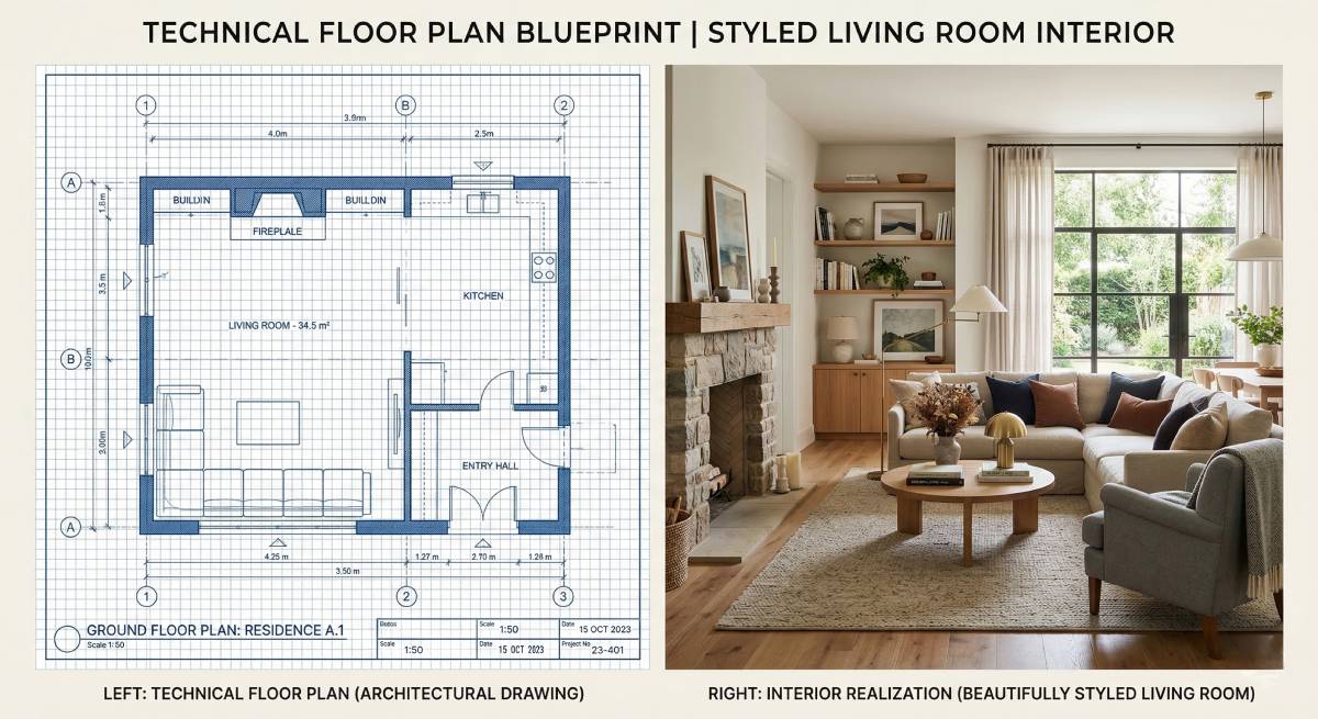 Interior design floor plan versus finished home styling result
