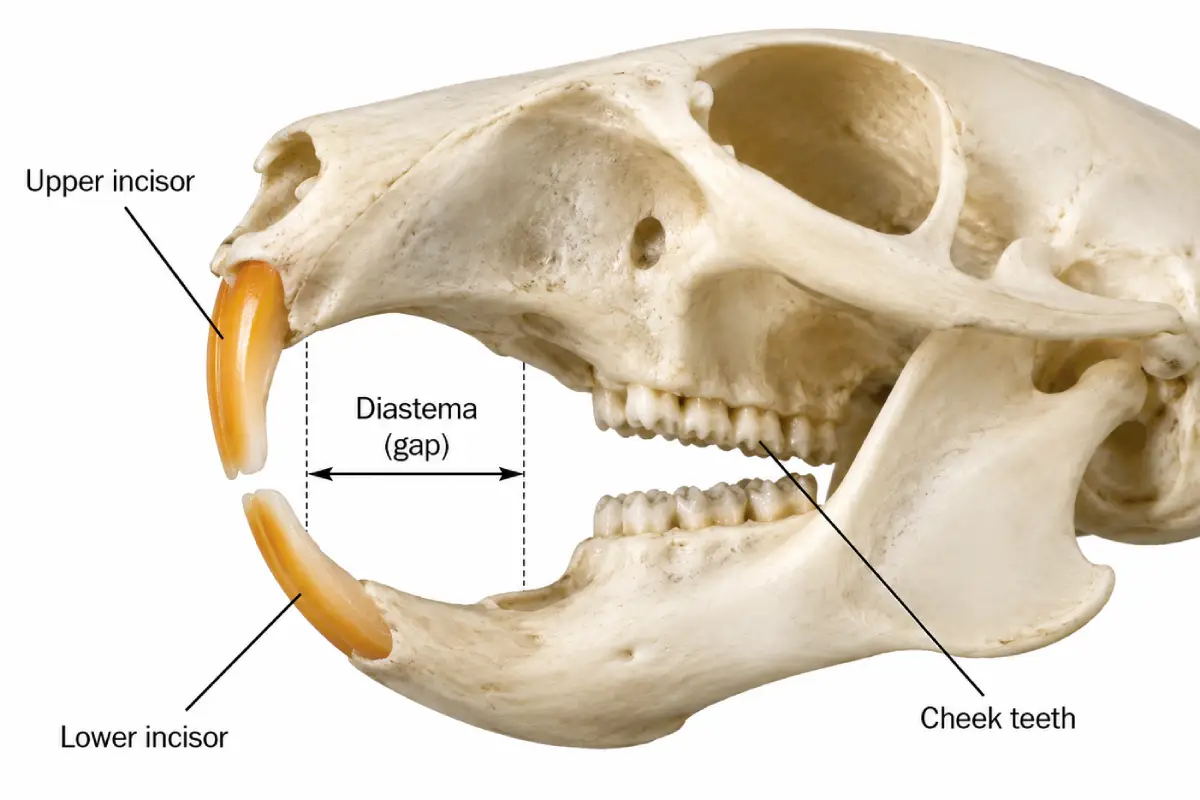 Rodent skull diagram labelling the continuously growing incisors and diastema